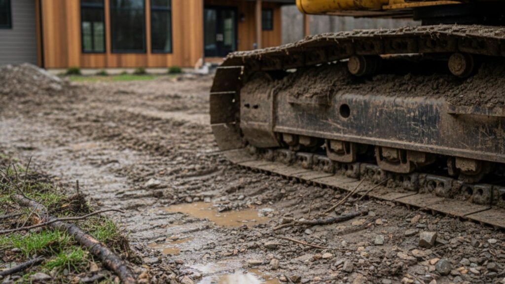 Close-up of excavator tracks in mud with estate home background in Newtown Connecticut