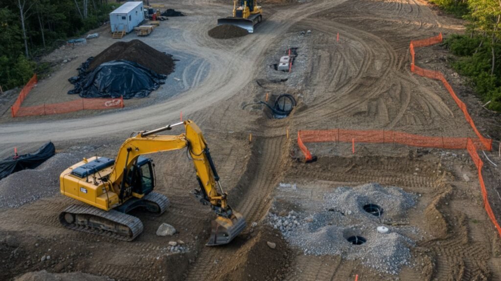 Site preparation excavation with dozer and excavator for new home in Southbury CT