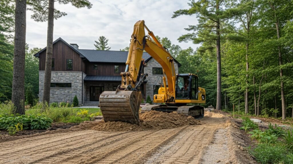Landscape grading with excavator smoothing soil at contemporary Watertown CT house with pines