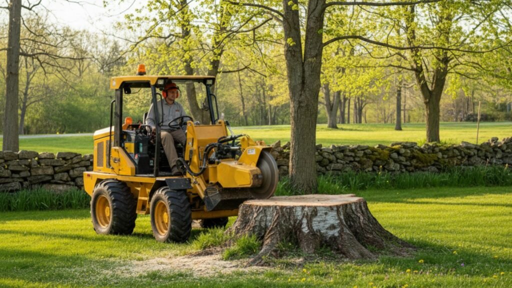 Yellow stump grinder at birch stump near Connecticut stone wall in spring
