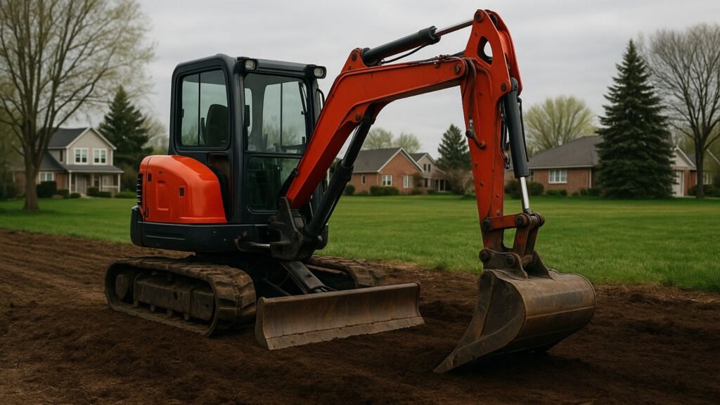 Red Bobcat excavator with tilting bucket on prepared soil, residential neighborhood background