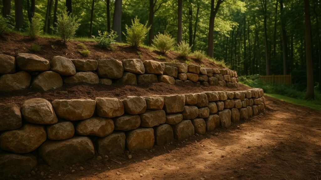 Natural boulder retaining wall creating rugged terrace on woodland hillside