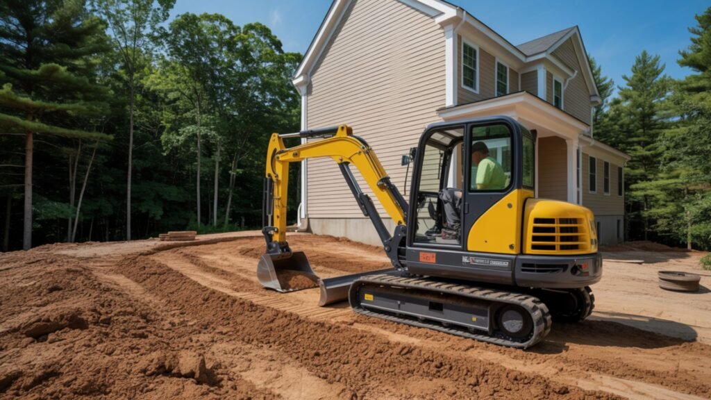 Mini excavator smoothing building pad around tan colonial house in Connecticut construction site