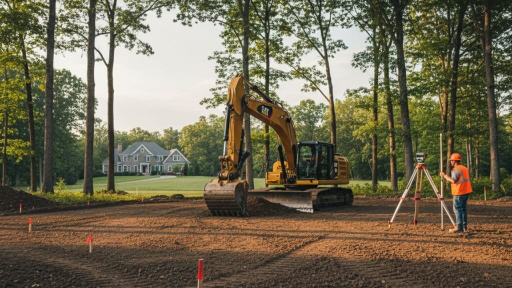Excavator preparing level building pad for custom home with surveyor equipment nearby