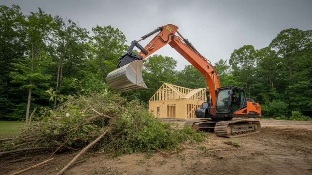 Orange excavator pushing debris pile while clearing Connecticut residential building site