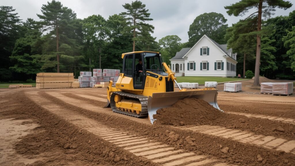Yellow compact bulldozer smoothing graded soil in front of a white house at a residential construction site