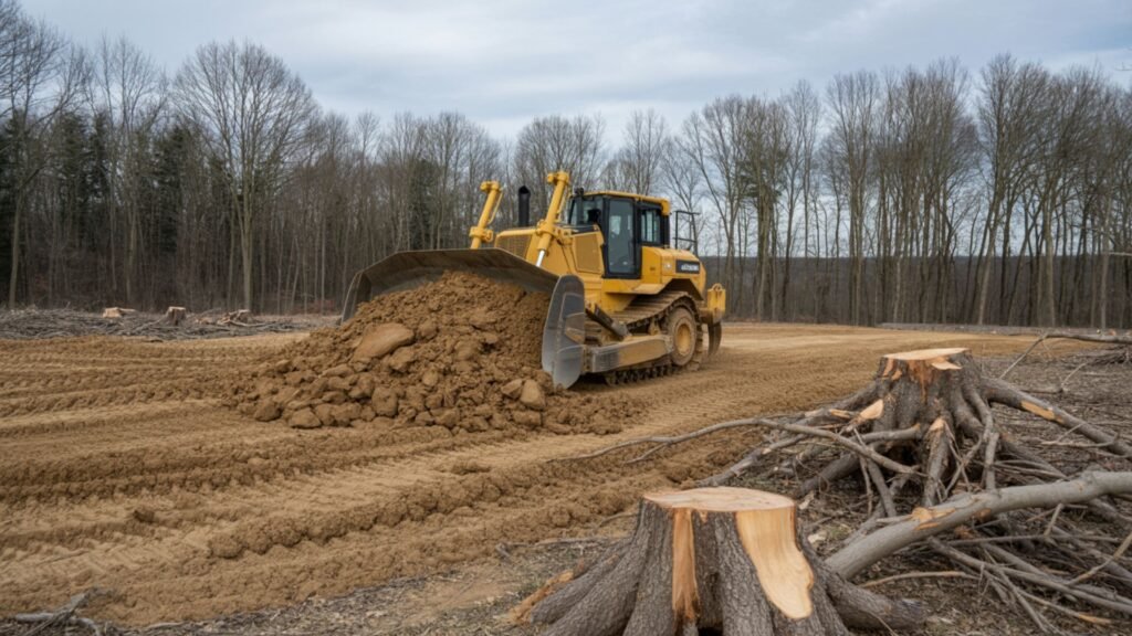 Yellow bulldozer pushing a large mound of soil across a cleared site with tree stumps and a forest backdrop