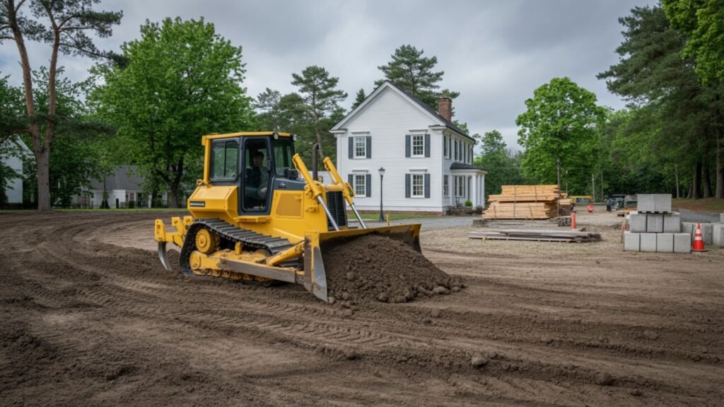 Bulldozer grading residential construction site in Connecticut with white house and mature trees