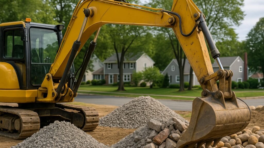 Excavator cab perspective loading crushed concrete and river stone in Connecticut