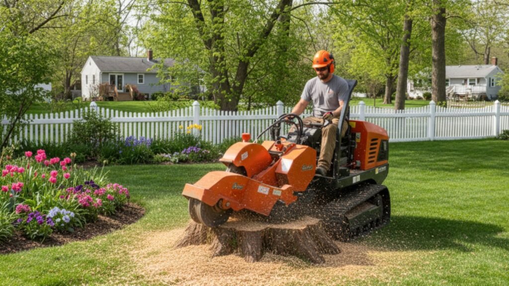 Orange tracked stump grinder removing cherry stump in Connecticut suburban garden