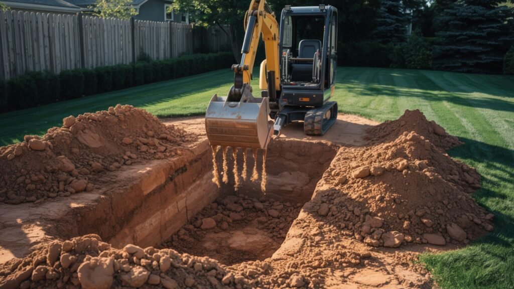 Mini excavator removing clay soil from pool excavation in Connecticut suburban backyard