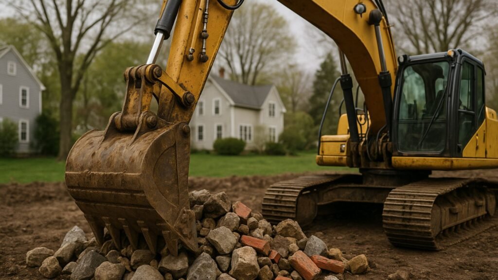 Muddy excavator bucket above mixed stone and concrete at a Connecticut home site