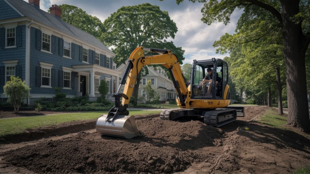 Compact yellow excavator grading soil along the edge of a blue colonial-style home in a tree-lined neighborhood