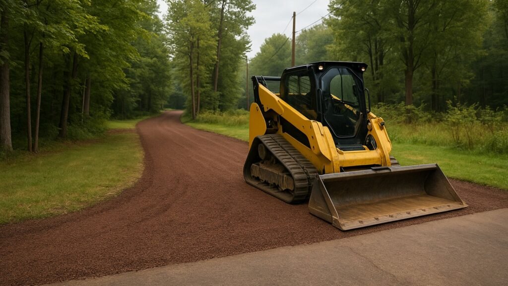 Yellow compact track loader grading gravel driveway in suburban area surrounded by trees on an overcast morning.