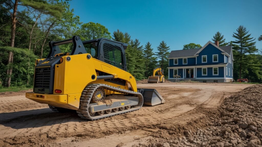 Yellow track loader on a graded dirt worksite with a blue two-story house in the background