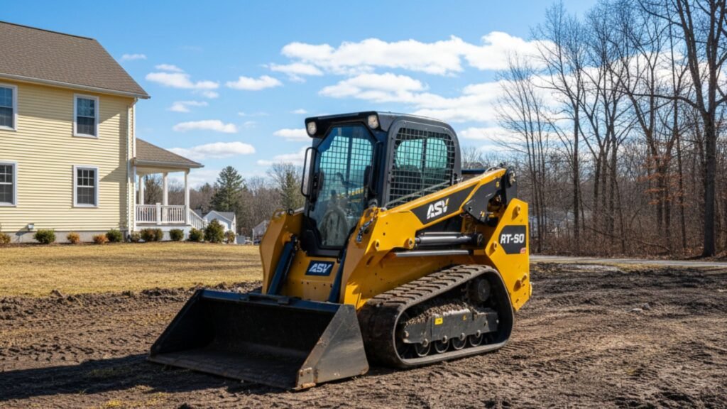 Yellow compact track loader parked on freshly graded soil in a residential yard near a light yellow house
