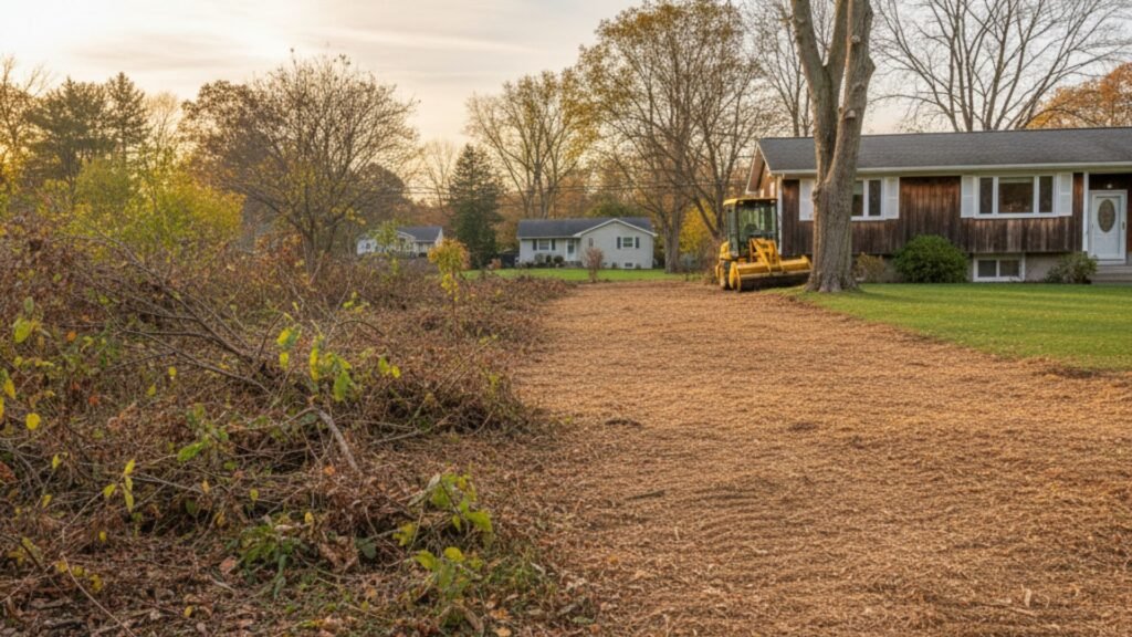 Wide view showing dramatic before and after forestry mulching transformation