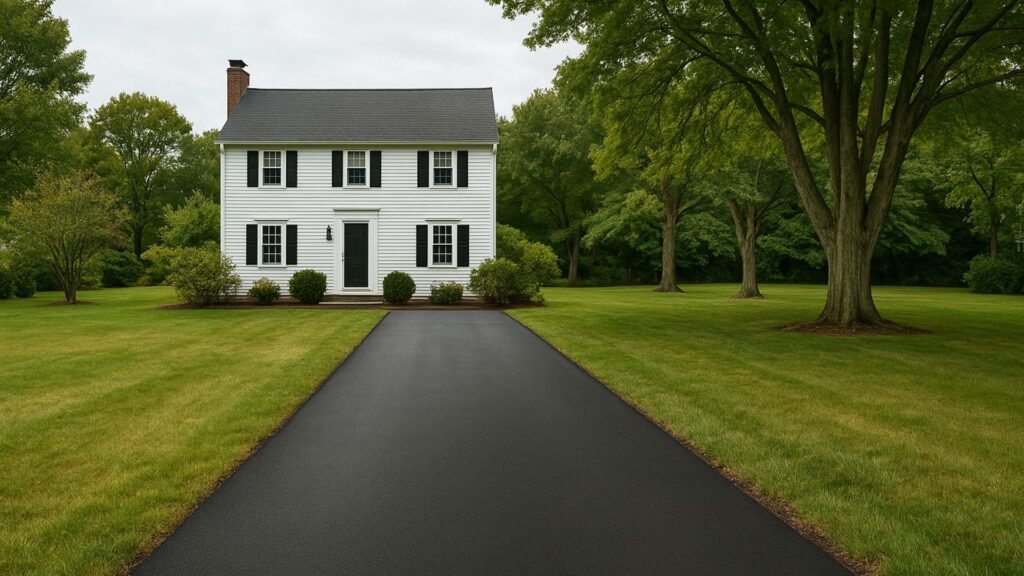 Straight asphalt driveway leading to off-center white colonial home in Connecticut