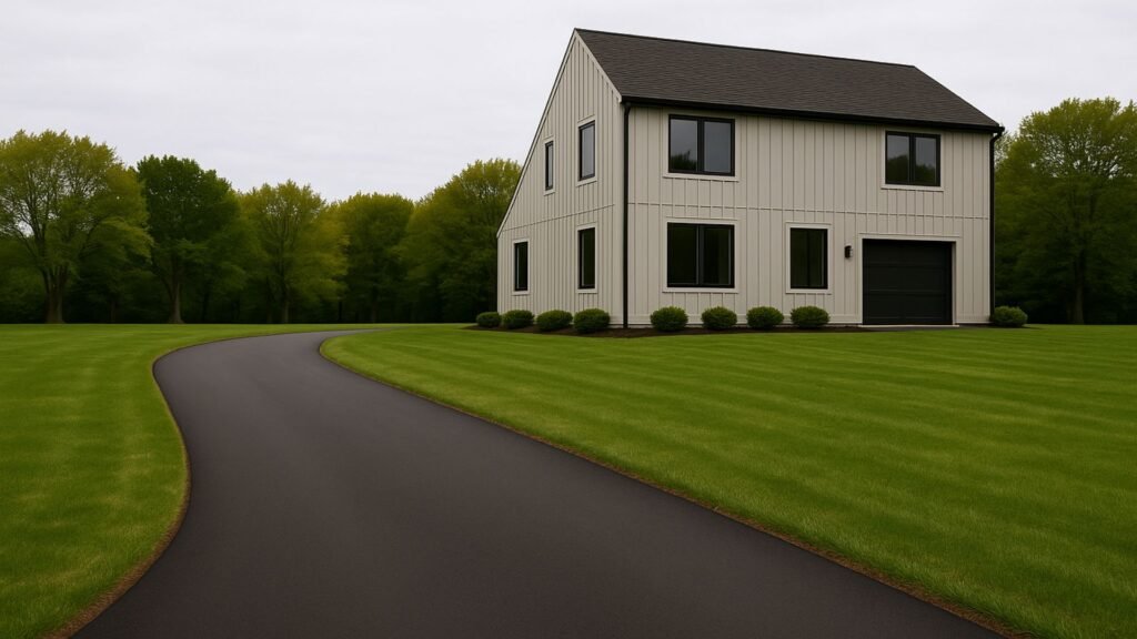 Angled asphalt driveway approaching modern CT home