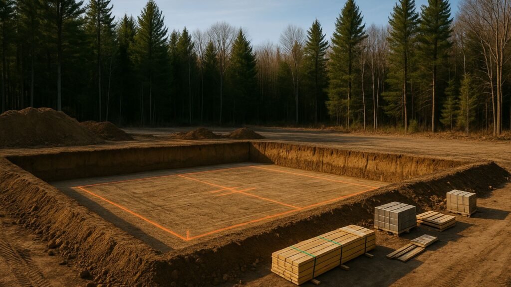 Finished foundation excavation with level base and utility markings, materials staged nearby