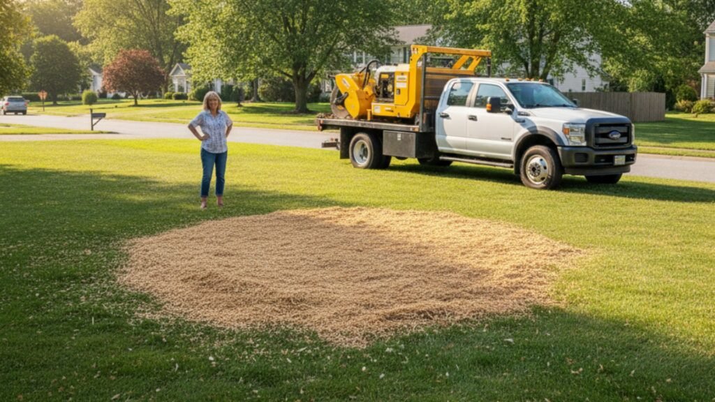Completed stump grinding job with fresh mulch area and service truck in Connecticut neighborhood
