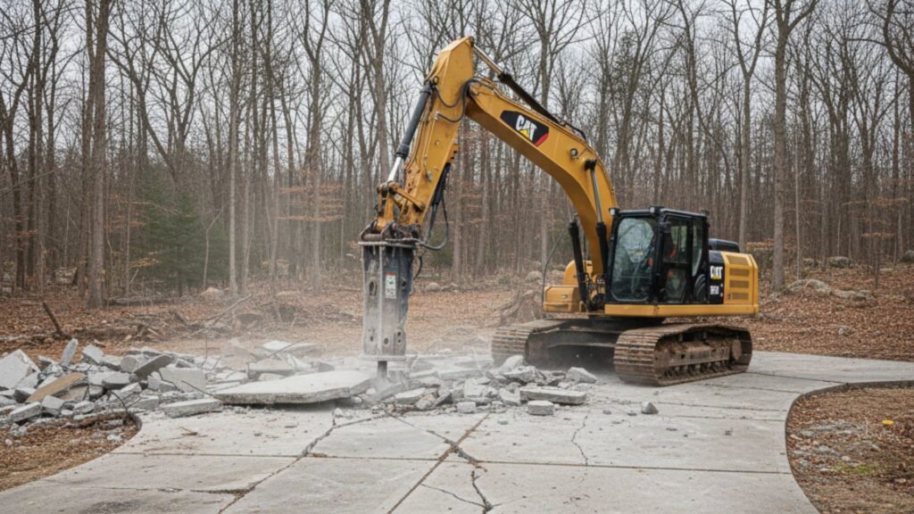 CAT excavator with hammer attachment removing concrete driveway in Roxbury CT residential area
