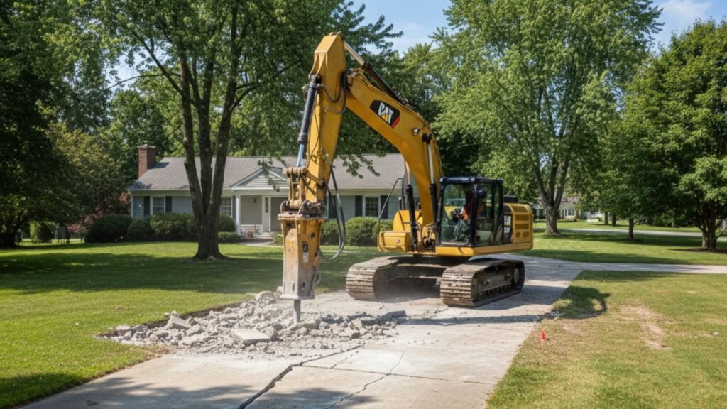 Excavator removing old concrete driveway pieces for residential renovation in Shelton Connecticut