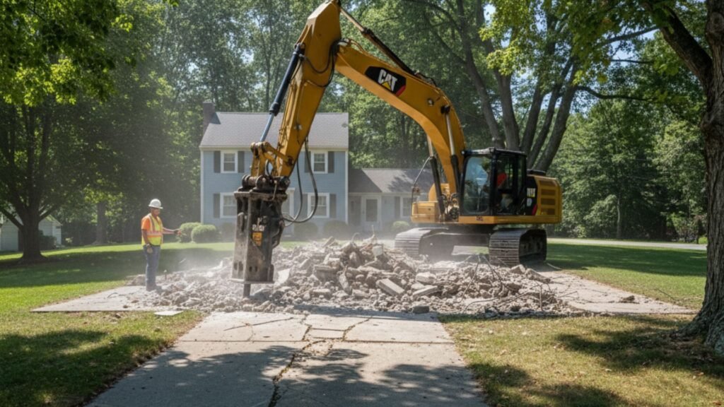 Excavator removing concrete driveway with debris pile at residential site
