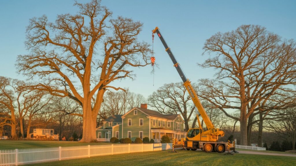 Tree service crane near towering oaks and sage green colonial house with white picket fence