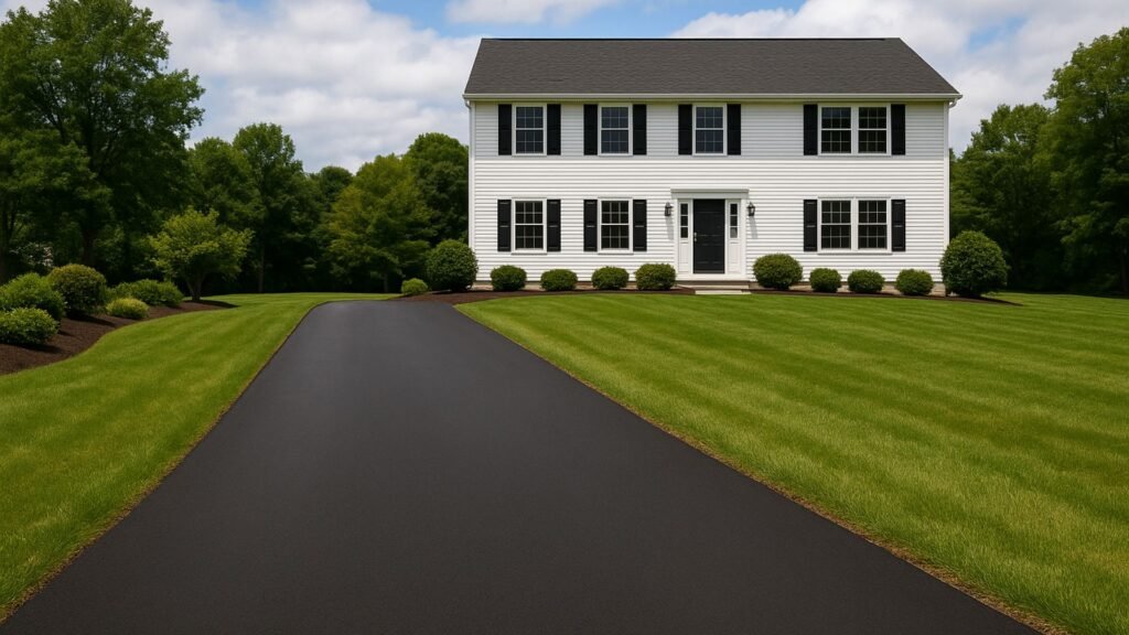 Newly paved black asphalt driveway leading to white house with garage in Connecticut suburban neighborhood