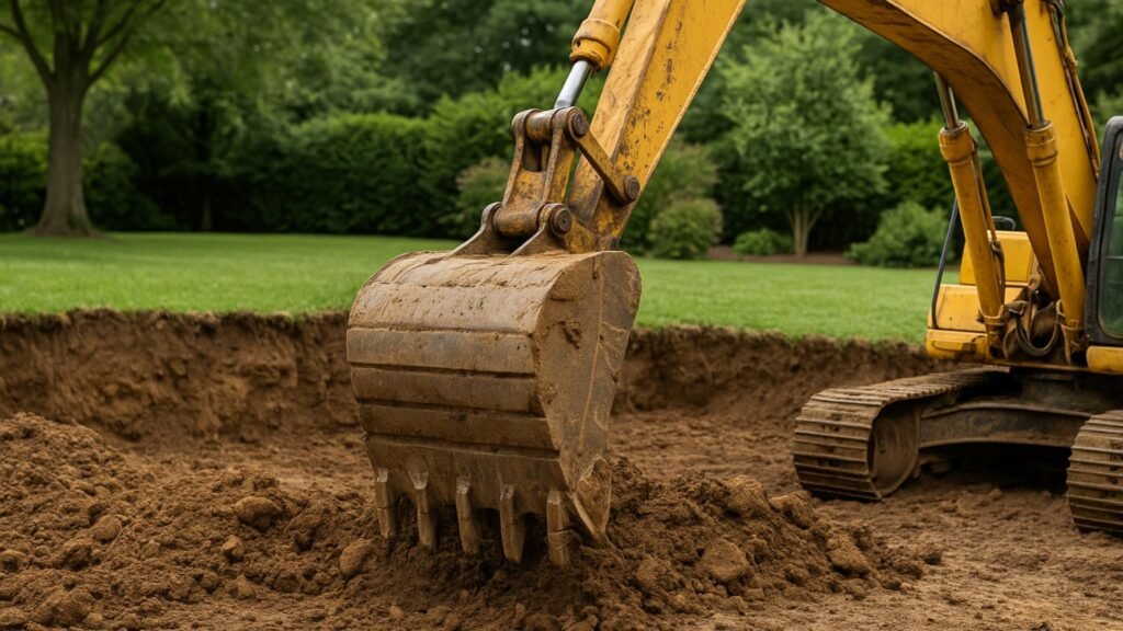 Yellow excavator bucket digging brown soil for residential excavation project in Connecticut