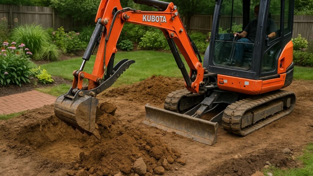 Mini excavator with hydraulic thumb organizing excavated materials in Connecticut residential yard