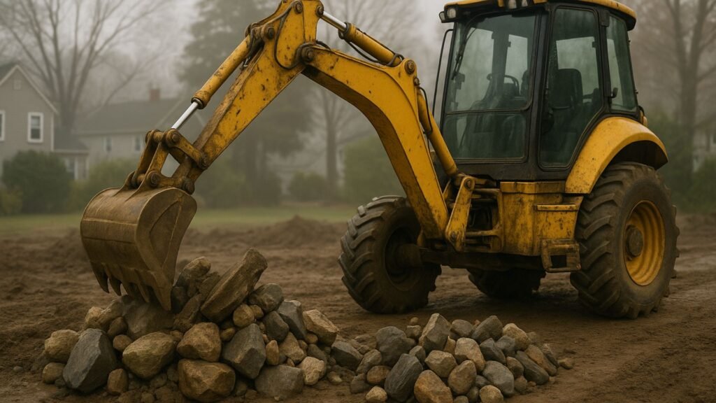 Backhoe loader removing fieldstone and pavement from Connecticut construction zone