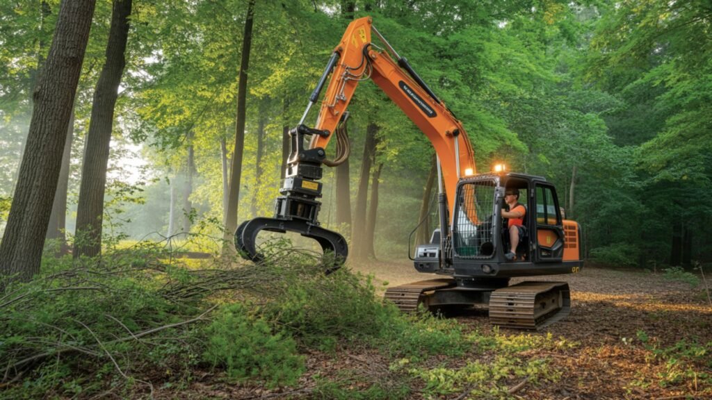Excavator with grapple clearing forest undergrowth in Connecticut wooded area