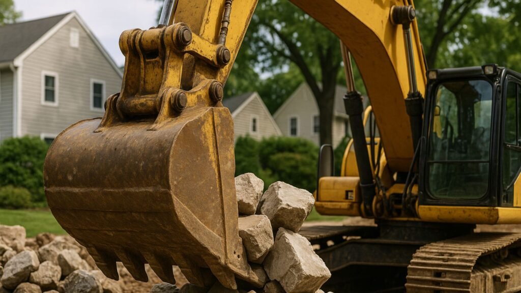 Hydraulic excavator handling river rocks and concrete at Connecticut site