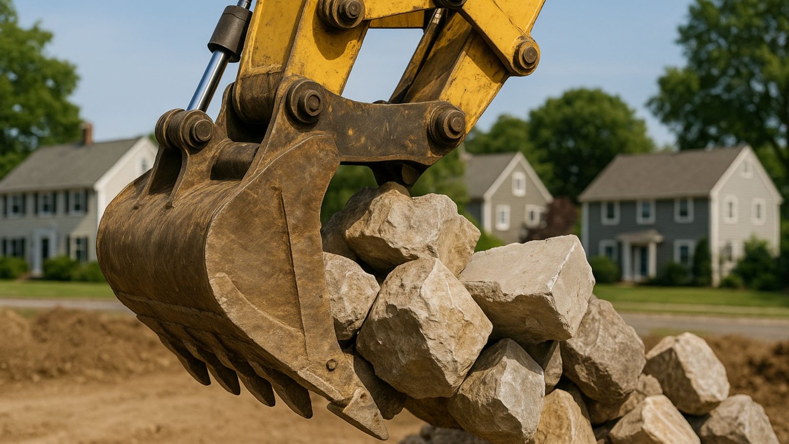 Construction machinery gripping limestone rocks at Connecticut earth moving site