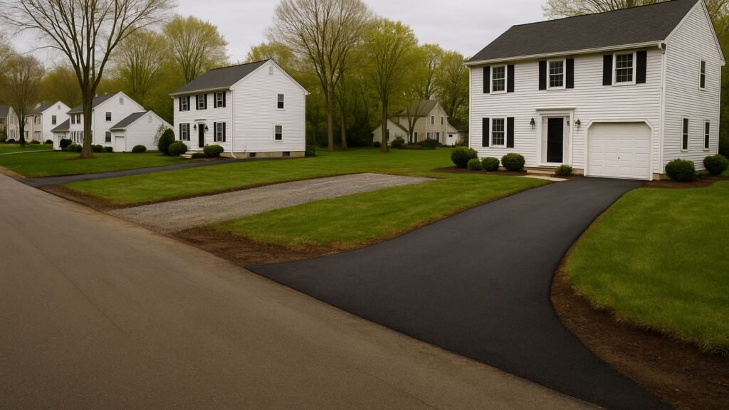 Multiple driveways showing different stages of paving work in Connecticut residential neighborhood