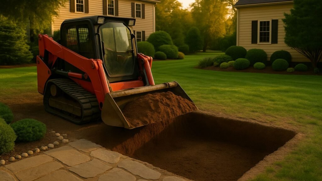 Red track loader moving soil during Connecticut pool excavation near colonial home
