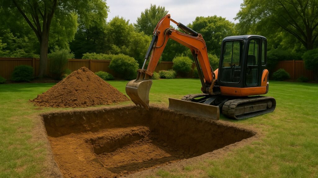 Orange excavator creating rectangular pool foundation in Connecticut suburban backyard