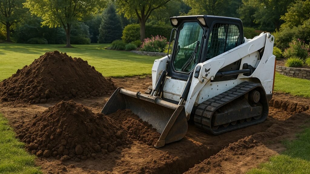 Track loader moving soil near recreational area excavation with Connecticut residential landscaping