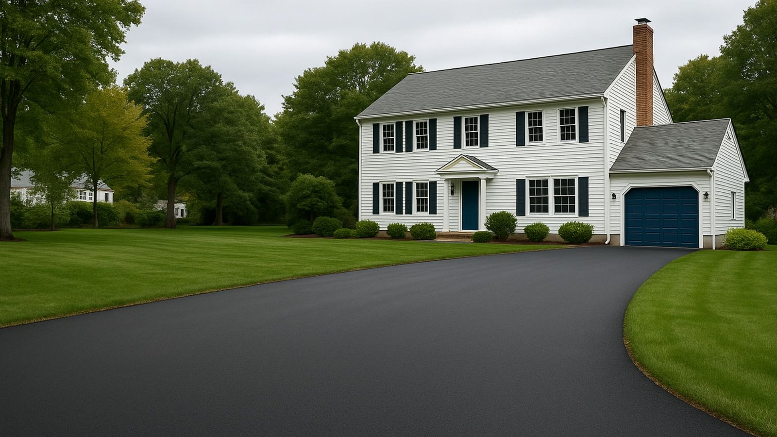 Wide view of new asphalt driveway at Connecticut home with white house and blue garage