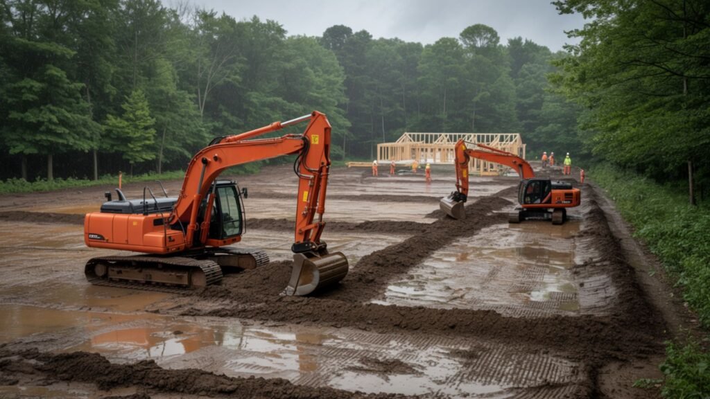 Excavators clearing residential lots in Connecticut during light rain for home construction