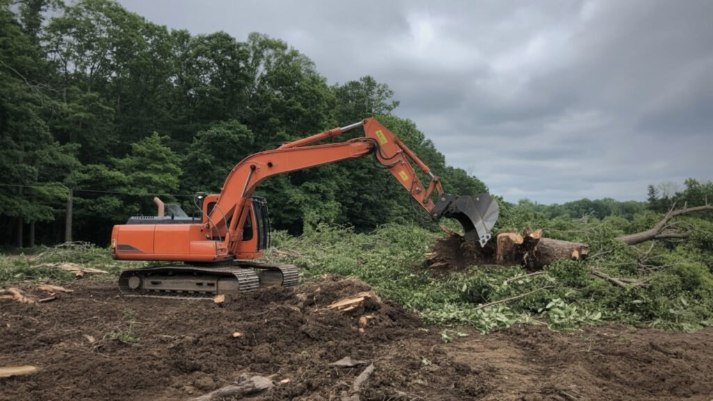 Orange excavator clearing trees and stumps from Connecticut residential property preparation