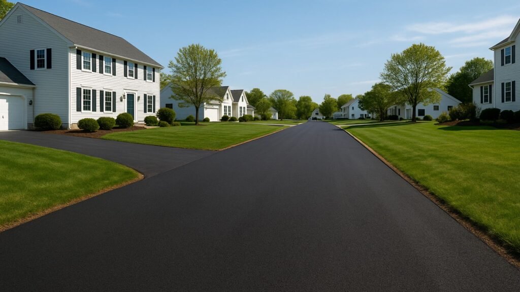 Newly completed asphalt roadway with smooth surface in Connecticut residential neighborhood