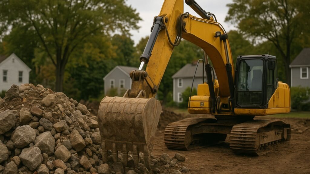 Yellow excavator sorting mixed-size rock and concrete debris at a Connecticut demolition site