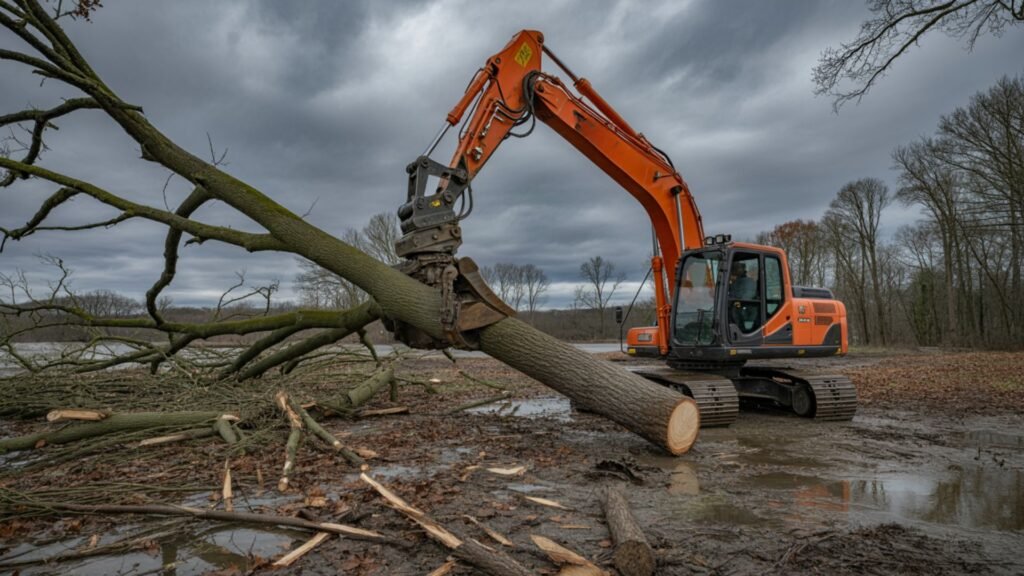 Excavator clearing storm-damaged trees and debris in Connecticut after severe weather