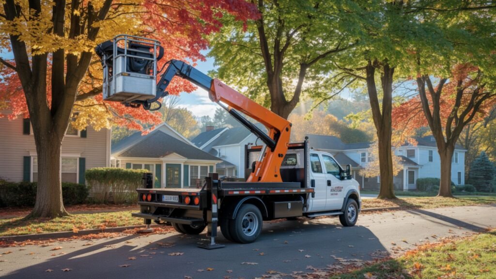 Tree removal truck with boom extended in Connecticut driveway surrounded by mature trees with fall colors
