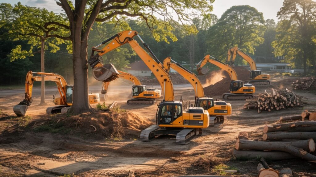 Multiple excavators clearing large trees at Connecticut development site during golden hour