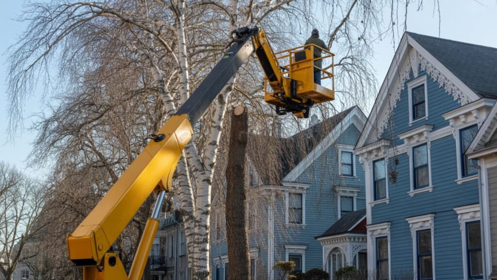 Yellow boom truck reaching birch tree canopy near blue Victorian house in Connecticut neighborhood