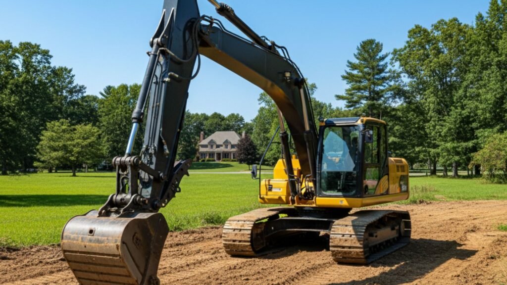 Construction excavator on worksite with green field backdrop in Oakville Connecticut